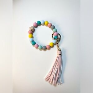 Pastel Beaded Key Ring Bracelet Wristlet w/ Pink Tassel